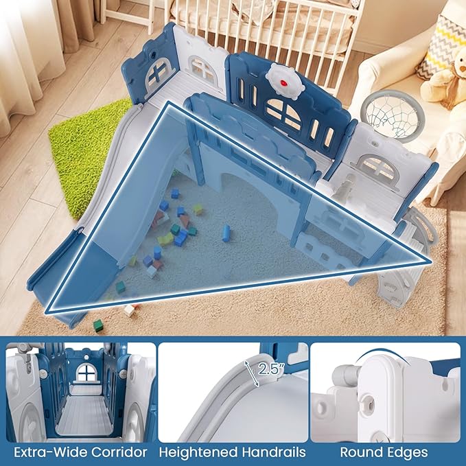 Costzon 8 in 1 Toddle Slide Playset, Freestanding Kids Slide w/Tunnel, Basketball Hoop, Toddler Climber Slide Playset Indoor Playground for Kids 1-3 w/Storage Space, Gifts for Boys Girls (Blue)