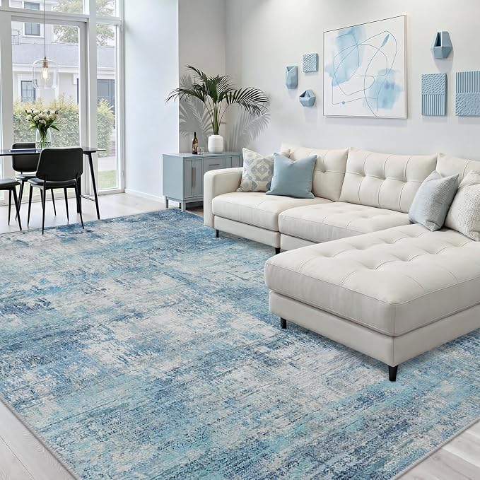 RELEANY Washable 5'x7' Abstract Area Rug for Living Room Teal Blue | carpet for bedroom, kitchen, office, hallway and entryway, printed pattern, non-slip, soft, stain-resistant, easy to clean