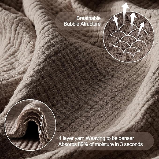 WDCOZY 100% Cotton Muslin Blanket Queen Size 4-Layer for Bed Breathable Lightweight Soft Large Boho Farmhouse Linen Tassels Ruffle Gauze Blankets 90x90 Inches Brown Mocha Chocolate Coffee Taupe