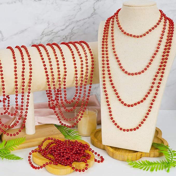 24 PCS Red Christmas Bead Necklaces, Mardi Gras Beads Bulk, 33" Metallic Color Beaded Costume Necklaces for Carnival, Beaded Accessory for Parade Throws Wedding Carnival Festive Event Accessories