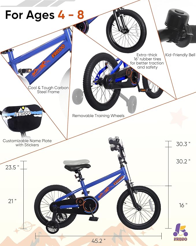 KRIDDO 14-16 Inch Kids Bike for Ages 3–8, Boys and Girls Bicycle with Removable Training Wheels, Bicycle for Kids with Hand Brake & Coaster Brake, Adjustable Height, DIY Name Plate