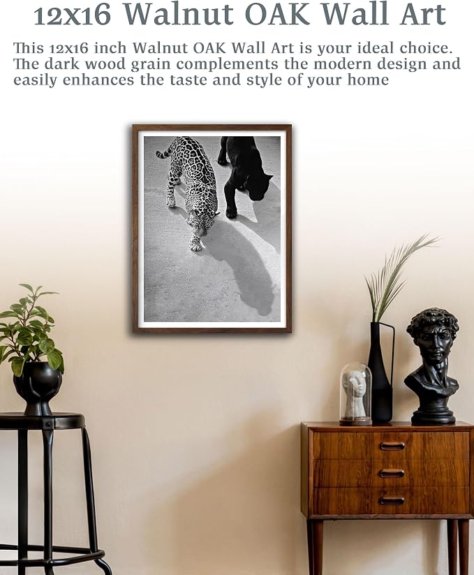 EcoHest 12x16 in Cheetah and Jaguar Walking Framed Wall Art | Walnut Color Solid Oak Frame, Canvas Wall Art, Black White Animal Wall Decor for Living Room, Bedroom, Apartment, Dorm, 1Pack