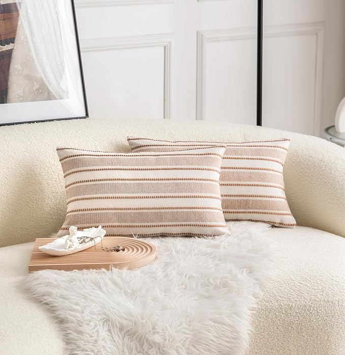 Cethom Decorative Boho Lumbar Throw Pillow Covers, Farmhouse Textured Pillow Case, 12 x 20 Inch Set of 2, Chair Sofa Bedroom Living Room Home Decor Couch Cushion Case, Brown and Beige