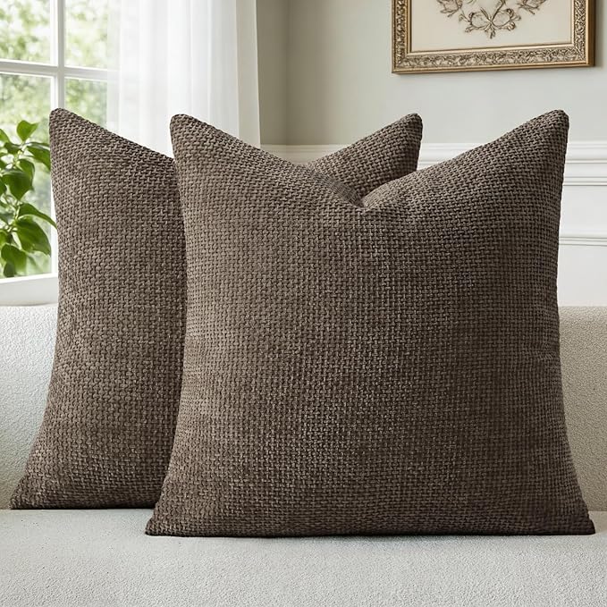 a moment Dark Brown Chenille Throw Pillow Covers 24x24 Inch Pack of 2 Modern Decorative Throw Pillow Cases Farmhouse Cross Covers Home Decor for Sofa Bedroom Living Room