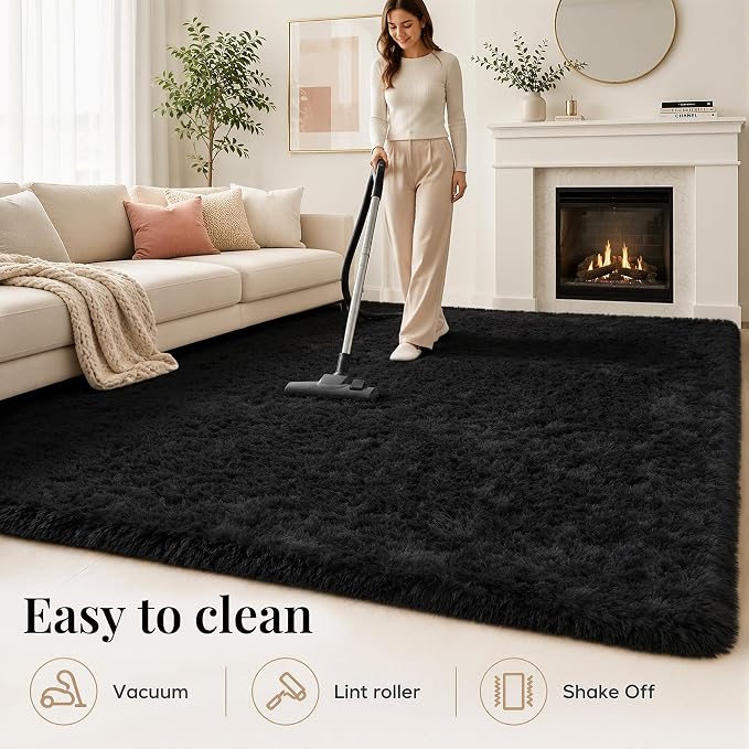 Area Rug for Living Room Bedroom: 4x6 Black Soft Fluffy Shag Upgrade Non-Slip High Pile Carpet Large Fuzzy Plush Indoor Floor Decor Shaggy Rug for Kid Boys Girls Dorms Playroom Nursery Modern Home