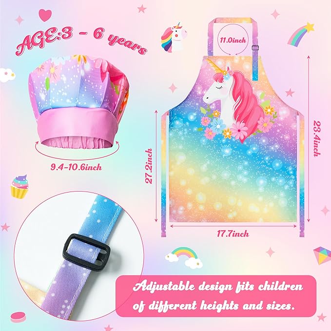 R HORSE Kid Apron and Chef Hat Set - 2Pcs Adjustable Magic Horse Children Kitchen Toddler Apron for Girls Role Play Chef Toy Funny Cooking Birthday Gift for kids Cooking Baking Painting and Training