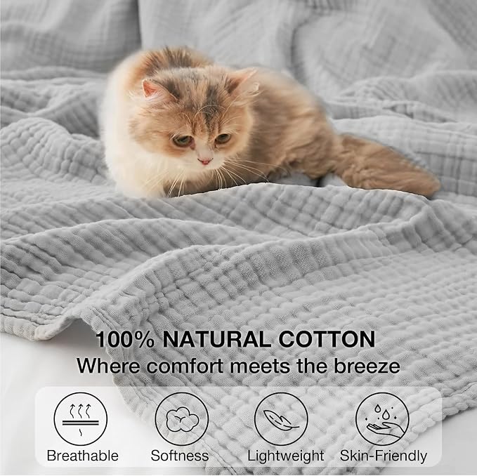 100% Cotton Muslin Blanket California King 120" x 90", 6 Layers Breathable and Lightweight Oversized Blankets for Bed, Soft Cooling Gauze Blanket for Adults All Season, Light Grey