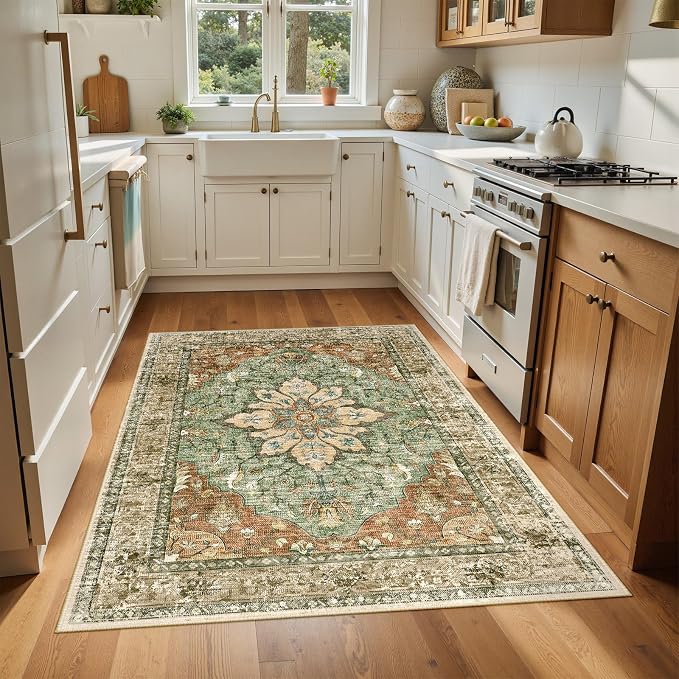 RELEANY Area Rugs 4'x6' Washable Non-Slip, Floral Vintage Distress Medallion Carpet for Living Room Bedroom Dining Room, Terracotta Burnt Orange Green