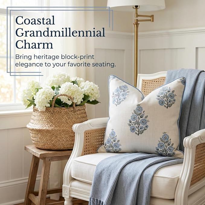 “The Camille” Floral Block Print Pillow Cover – Soft Blue and White Decorative Throw Pillow Cover – Grandmillennial Home Decor, 20" x 20"