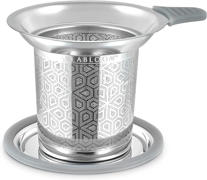 Teabloom Elegant Stainless Steel Loose Leaf Tea Infuser with Lid & Drip Tray – Extra Fine Mesh Basket for Mugs, Cups & Small Teapots – Food Grade Materials, Dishwasher Safe