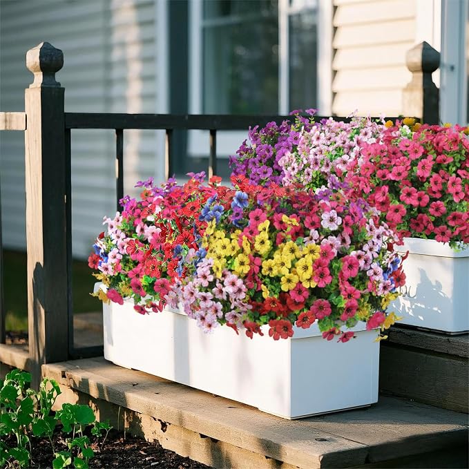 Ouddy Decor 12 Pcs Artificial Flowers for Outdoors Decorations, Yellow | Lifelike silk flowers, UV resistant, faux plastic plants, for garden porch window table vase home indoor outdoor decor