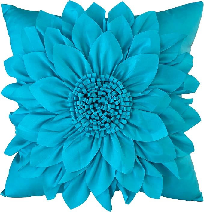 Teal Blue Accent Flower Decorative Throw Pillow Covers for Bed Sofa Couch | Bella's Giftshop Handmade Sunflower Taffeta Pillow Cases Living Room Bedroom Decor, 18x18 Inch