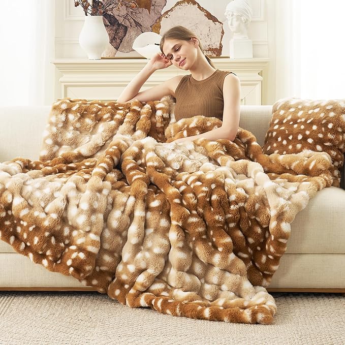 Cozy Bliss Deer Print Faux Fur Throw for Couch, Fuzzy Soft Plush Thick Bubble Blanket for Sofa Bedroom Living Room, 50x60 Inches