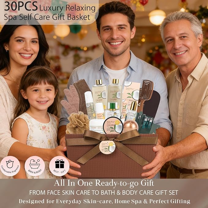 Bath and Body Basket Set TEA TREE & COCONUT Spa Gift Basket for Women & Men | 30Pcs Unique Bath Gift Baskets Gifts, Home Spa Kit Christmas Gifts, Face Skin Care Kit, birthday gift baskets for Dad Mom