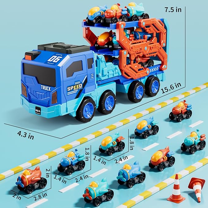 IHAHA 10-in-1 Toddler Foldable Carrier Space Truck Toys for Kids Boys Ages 3-5 4-7, Long Race Track Ejection Truck with Lights & Sounds and 9 Race Cars, 3 4 5 6 7 8 Year Old Boys Girls Birthday Gifts
