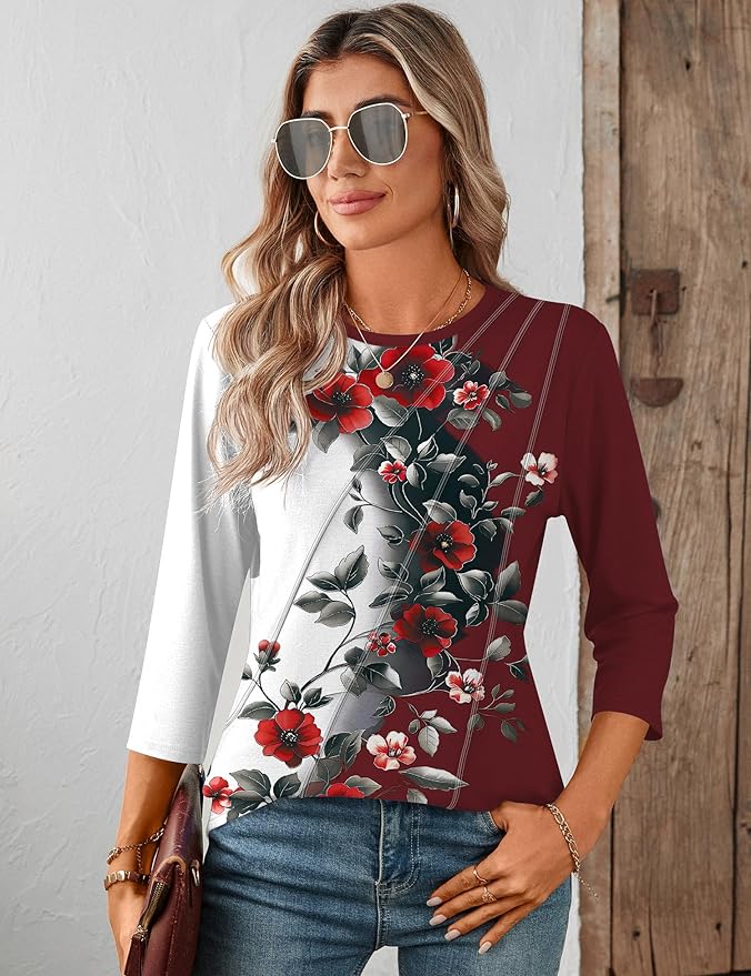 LOMON 3/4 Length Sleeve Womens Tops Spring Summer Fashion 2026 Tops Crew Neck Pleated Shirts Tunic Top Loose Fit