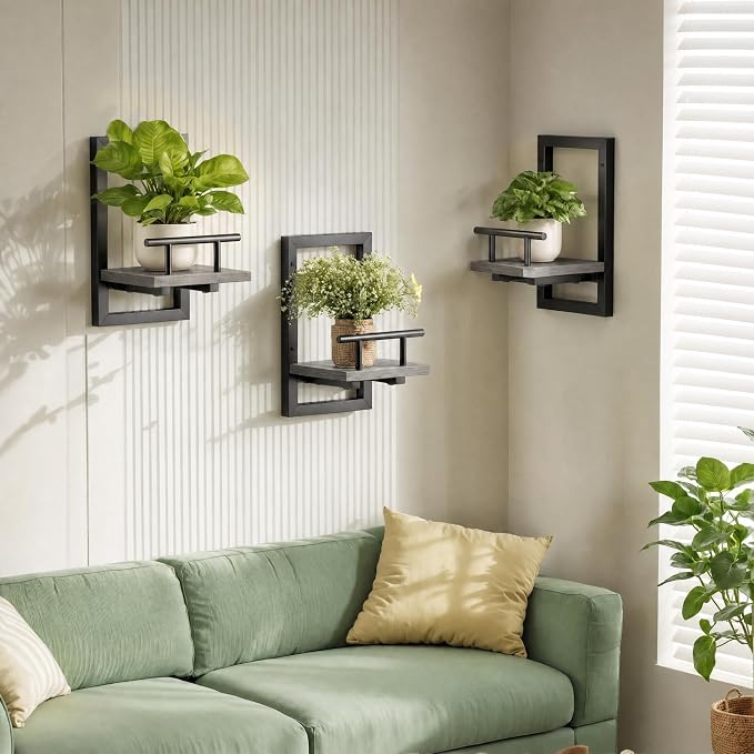 Sbosbo Floating Shelves for Wall Plant Shelf Indoor Wall Mounted Shelves | Wall Planters for Indoor Floating Plant Shelves for Bedroom, Living Room, Kitchen, Office, Bathroom Decor (Grey, 2 Pack)
