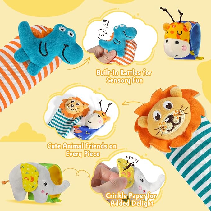 URMYWO Wrist Rattles for Baby - Rattle Socks - Foot Finder Set - Baby Toys for 0-12 Months Infant - Newborn Essentials - Early Learning Sensery Toys for Boys and Girls as Shower Gifts Valentines Gifts