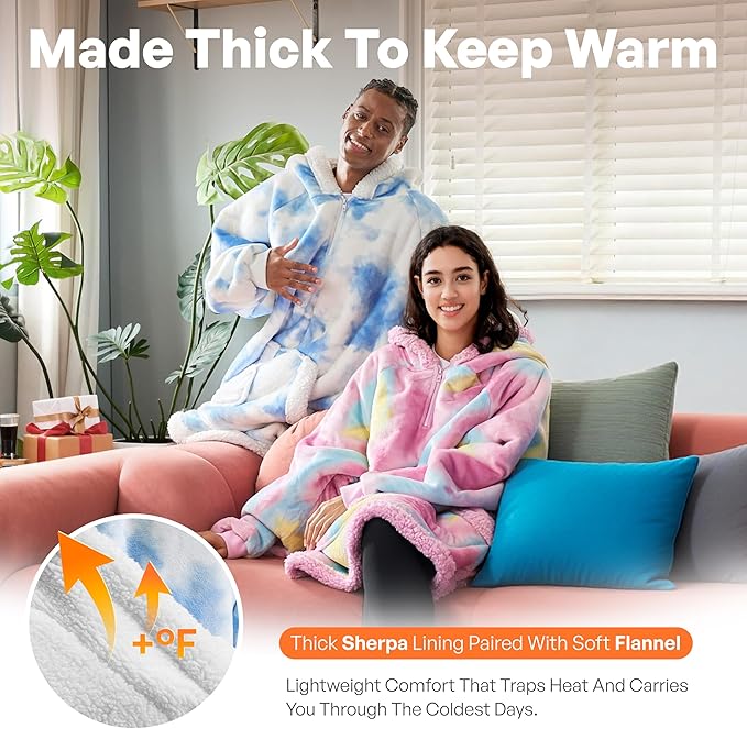 Giggling Getup Wearable Blanket Hoodie for Adults Gifts for Teen Girls Sister Women Sherpa Fleece Printed Hooded Blanket Sweatshirt Warm Cozy with Pocket & Sleeves Light Blue Tie Dye