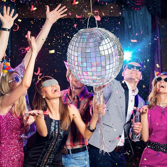 WERNNSAI Disco Ball Piñata - Disco Party Decoration for Adult Birthday Party Supplies Hanging Disco Piñata with Bat Blindfold Mirror Roller Skating Pull String, 12.2” x 12.2”