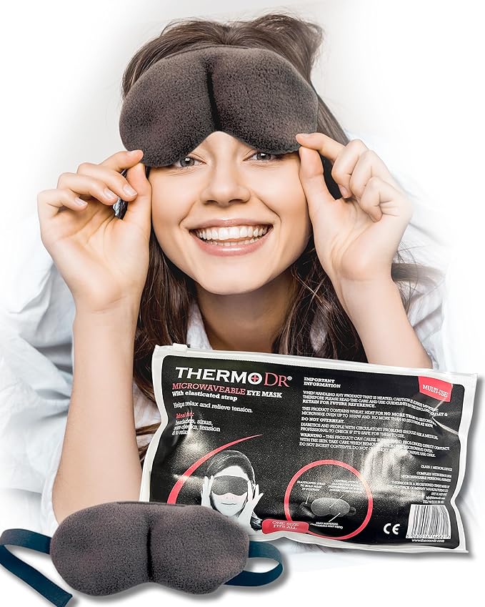 ThermoDR Microwavable Heated Eye Mask for Dry Eyes - Warm Eye Compress with Soft Fleece, Cleaned Wheat & Elasticated Strap - Relaxing Hot Eye Compress for Headaches, Sinus, Sore Cheeks, Tension