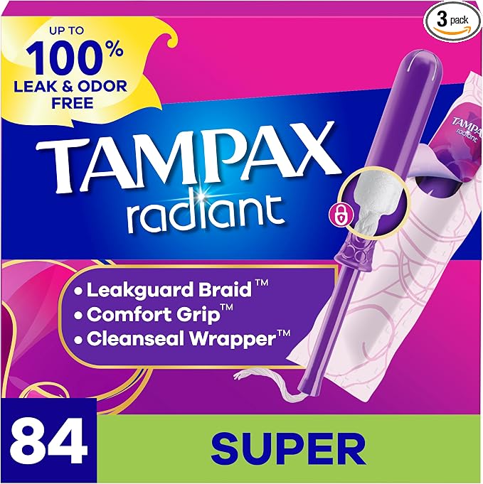 Tampax Radiant Tampons for Women, with LeakGuard Braid, Super Absorbency, Unscented, 84 Count (3 Packs of 28), Packaging May Vary