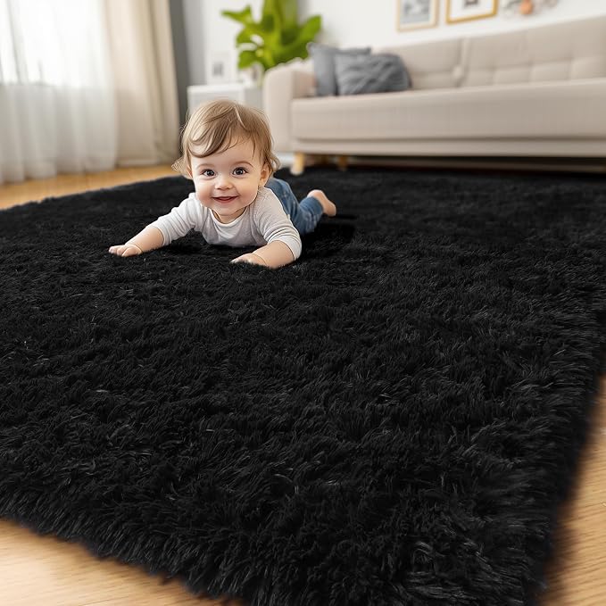 Amdrebio Black Shag Kids Area Rug 5x8 for Boys Bedroom Living Room Playroom | Fluffy Furry Shaggy Plush Comfy Carpet, Classroom Dorm Men Cave Office Apartment Decor, Gothic Aesthetic, Modern Cool Accent
