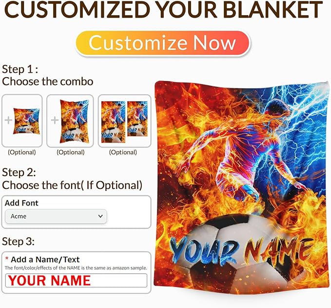 Boys Soccer Blanket Gift Personalized Throw Blankets for Toddler Kids Teens Soccer Lovers, 30x40 Inches Lightweight Soft Cozy Custom Sport Throw for Sofa Couch Chair Bedroom
