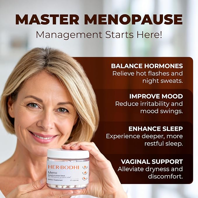 Her Bodhi Meno Menopause Supplement for Women, Hormonal Balance, Estrogen Soy Isoflavones with KSM-66 Ashwagandha & Black Cohosh, Hot Flash & Night Sweat Relief, Hormone-Free Vegan, 60 Capsules