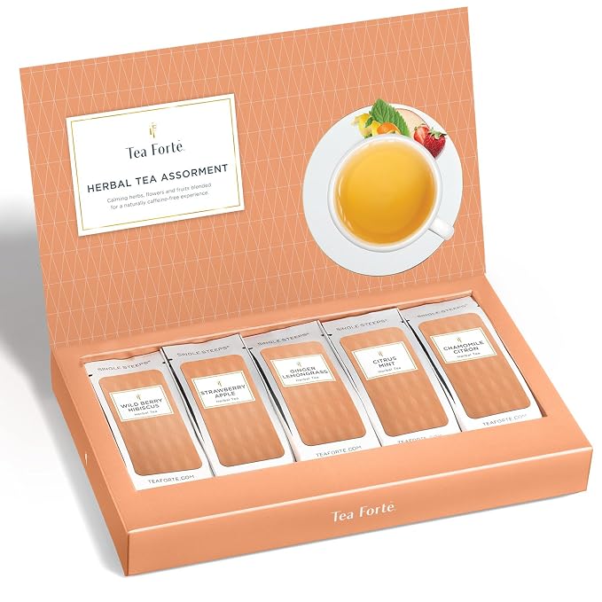 Tea Forte Single Steeps Loose Leaf Tea Sampler, Assorted Variety Tea Box, 15 Single Serve Pouches, Herbal Tea