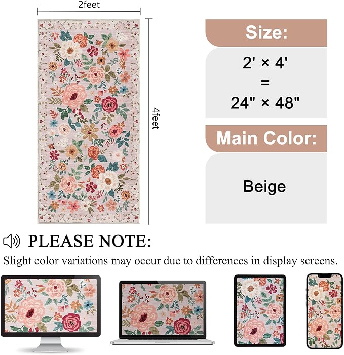 DUKINO 2x4 Entryway Rug, Floral Washable Kitchen Rugs Non Slip, Beige | Low Pile, Soft Indoor Runner Rug for Hallway, Bedroom, Bathroom, Laundry, Pet Friendly, Modern Home Decor, Stain Resistant