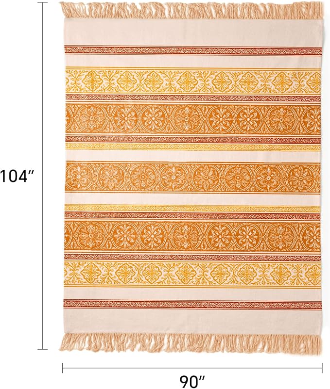100% Cotton Boho Throw Blanket for Home Decor – Classic Farmhouse Quilt Bedding, Muslin Blankets for Adults, Vintage Woven Decorative Blanket for Couch, Bed Layering Use, Bohemian Stripe, 104"x90"