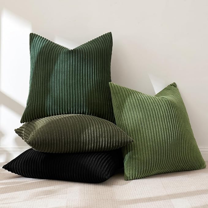 MIULEE Soft Corduroy Decorative Throw Pillow Covers Neutral Green 18x18 | Set of 4, Mordern Nordic Decor, Forest Bath Green Collection, Boho Farmhouse Cushion Covers for Couch Bed Sofa Living Room