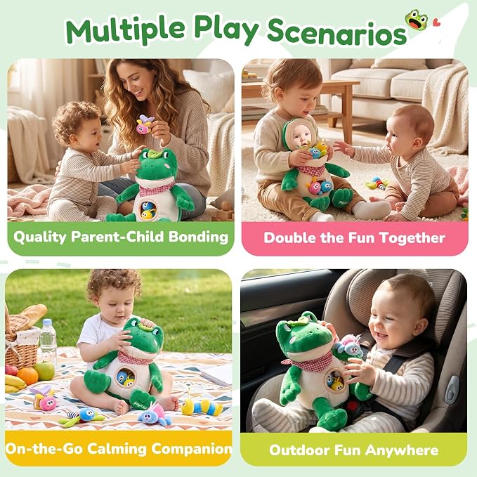 JoyCat Baby Toys 3-18 Months, Frog Montessori Toy Includes 4 Sensory Insects with Rattle, Crinkle, Squeaker & Baby Mirror for Tummy Time, Soft Stuffed Animal Toy for Infants Newborn Boy & Girl Gifts