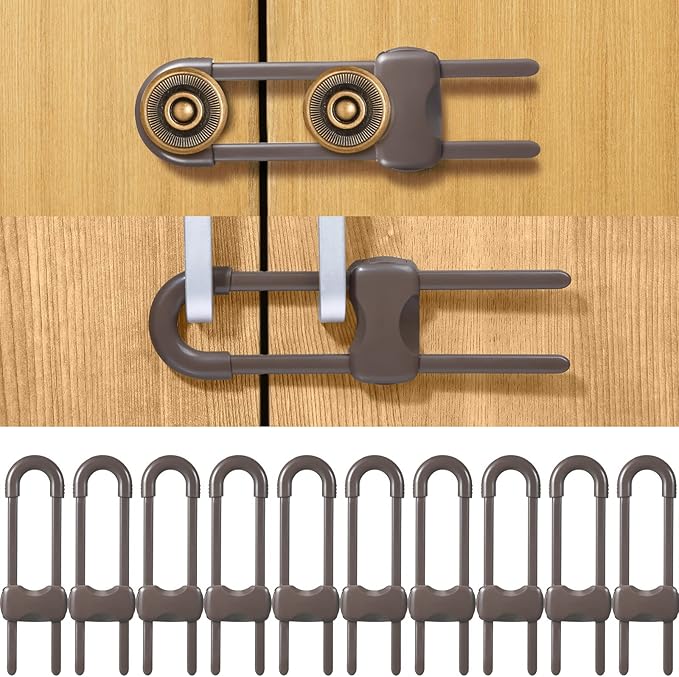 Jetec 10 Pack Baby Cabinet Locks, No Adhesive No Drill Child Safety Locks for Cabinets with Knobs or Handles, Adjustable U-Shaped Child Proof Latches for Cupboards, Fridge, Closet, Pets(Brown)