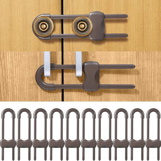 Jetec 10 Pack Baby Cabinet Locks, No Adhesive No Drill Child Safety Locks for Cabinets with Knobs or Handles, Adjustable U-Shaped Child Proof Latches for Cupboards, Fridge, Closet, Pets(Brown)