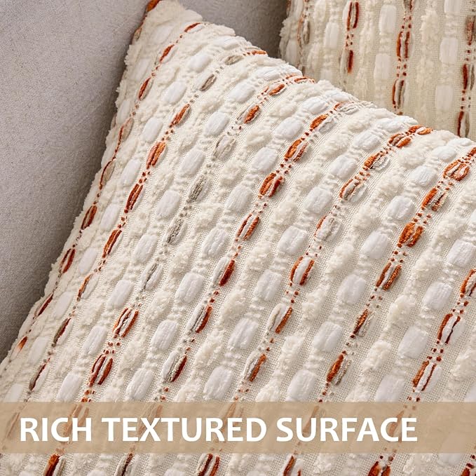 ANRODUO Boho Decorative Throw Pillow Covers Cream Rust 20x20 Inch Set of 2 | Chenille Tufted Pillow Covers, Woven Throw Pillow Covers with Raised Stripes, Neutral Pillowcase for Couch Sofa Living Room