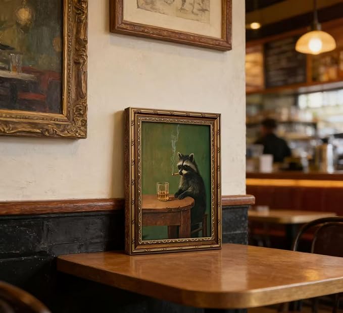 Vintage Gold Framed Smoking Raccoon Wall Art,Moody Dark Funny Animal Whiskey Cigar Canvas Print,Humor Funny Raccoon Wall Decor,Retro Bar Cart Poster Artwork,for Study Living Office Bar Decor