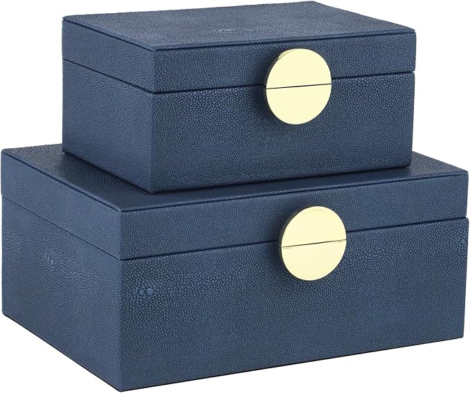 HofferRuffer Faux Leather Jewelry Boxes, Decorative Boxes Storage Accessory Organizer with Gold Hardware Decor, Classic Vegan Leather Set of 2 Pieces (Navy Blue)
