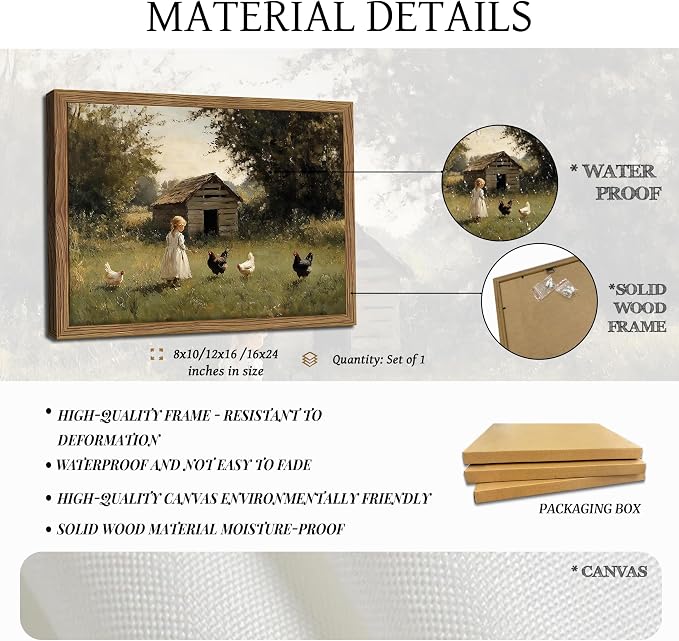 Vintage Country Framed Wall Art, Little Girl and Chick Canvas Prints, Rustic Landscape Picture Painting, Pastoral Farmhouse Wall Decor for Living Room Bedroom – Dark Wooden Frame 16x24in