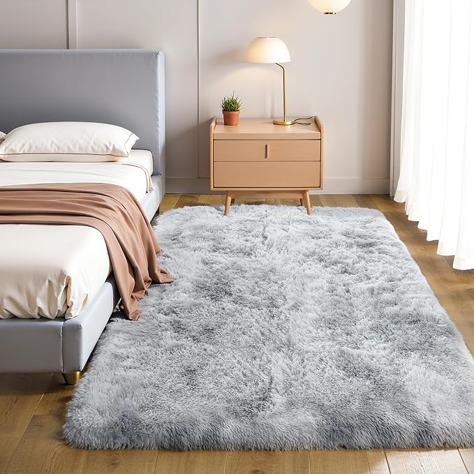 KICHOWUA 4x6 Thick Light Grey Fluffy Shag Plush Washable Rug for Bedroom | Area Rug for Living Room, Kids Nursery, Dorm Room, Non Slip Shaggy Carpet
