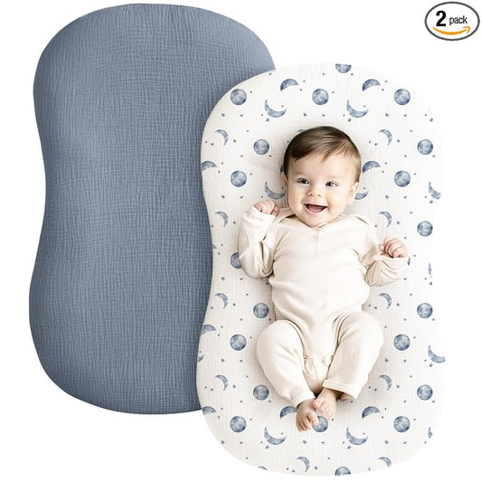 Konssy Muslin Baby Lounger Cover 2 Pack, 100% Cotton Newborn Lounger Cover, Soft and Breathable Baby Nest Slipcover for Boys Girls (Planet,Navy)