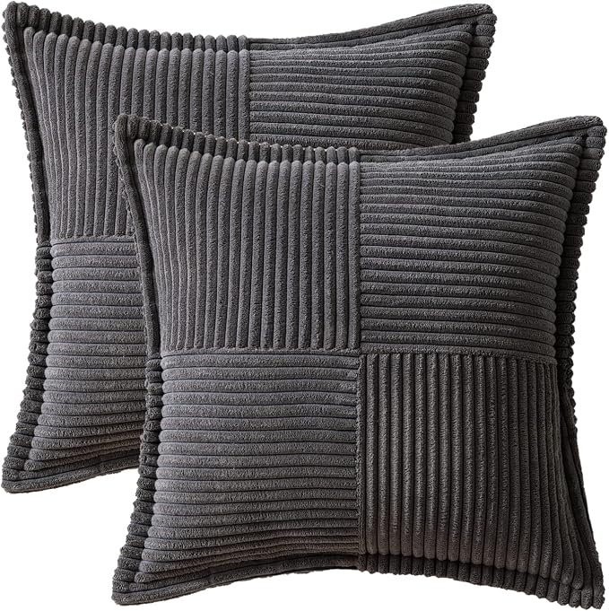 MIULEE Decorative Throw Pillow Covers for Couch 18x18 Inch Dark Grey 2 Pack | Boho Broadside Striped Patchwork Pillow Covers, Soft Corduroy Cushion Cases, For Sofa Bed Livingroom Home Decor