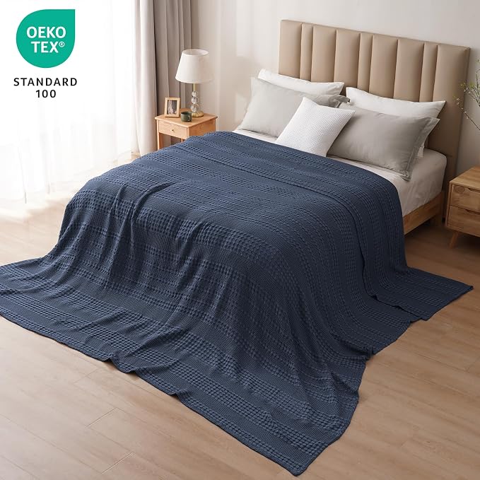 PHF 100% Cotton Waffle Blanket Oversized King 120"x120", Lightweight Breathable Extra Large 10'x10' Blankets for Bed, Giant Big Luxury Aesthetic Woven Bedding for Home Decor, Indigo