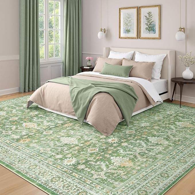 9x12 Area Rugs for Living Room, Washable Large Carpet, Light Green | Soft Rug for Bedroom, Dining Room, Home Office, Indoor, Nursery, Stain Resistant, Non-Slip, Low Pile,Vintage Distressed Rug