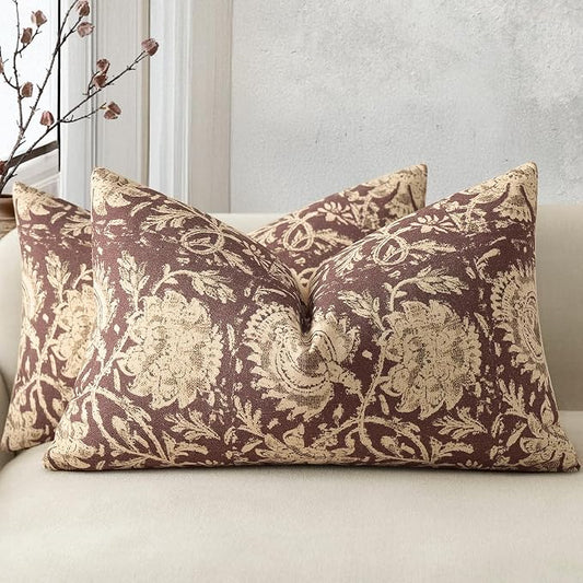 Vintage Floral Print Throw Pillow Covers 12x20 Set of 2 Neutral Modern Farmhouse Pillow Cases Accent Decorative Cushion Covers Boho Home Decor for Couch Sofa Chair Bed Living Room, Oxblood