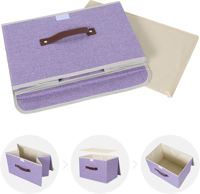 ANMINY Fabric Storage Box Bins with Lids, Purple, 15"x10"x10", 2 Pack | Keepsake Memory Storage, Cotton Linen, PP Board Reinforced, Washable, PU Handles, Foldable & Stackable, Decorative, Large