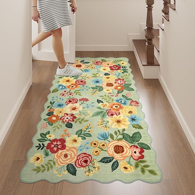 DUKINO 2x4 Rug for Entryway, Floral Washable Kitchen Rugs Non Slip, Green | Soft, Low Pile, Stain Resistant Throw Runner Rug for Hallway, Bedroom, Bathroom, Laundry, Pet Friendly, Modern Home Decor