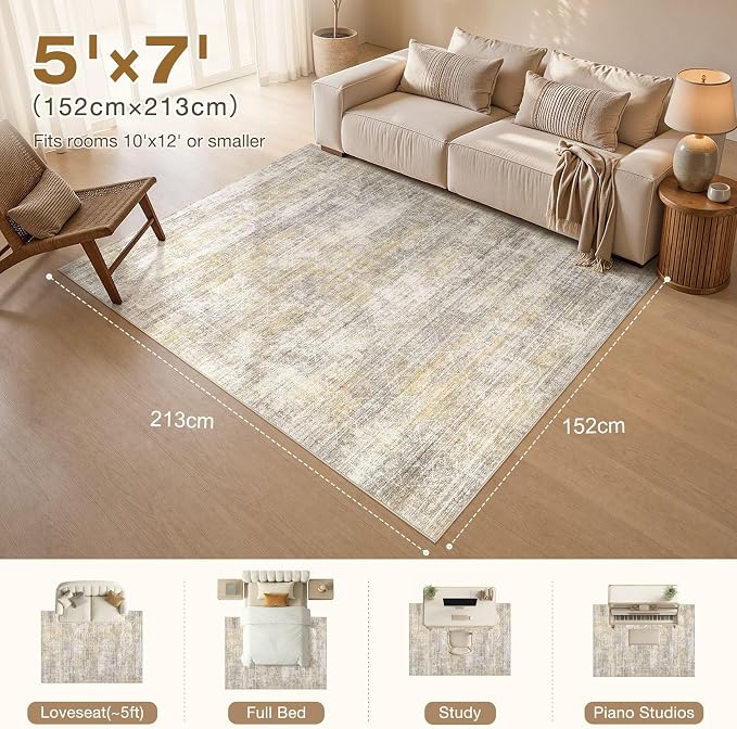 cotiled Washable Area Rugs 5x7 Living Room | Non Slip Backing, Stain Resistant, Pet Friendly, Large Neutral Soft Indoor Carpet For Bedroom, Nursery, Office, Gold/Brown