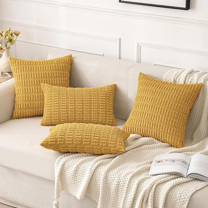 MIULEE Corduroy Decorative Throw Pillow Covers 20x20 Yellow Pack of 2 | Soft Boho Striped Pillow Covers Modern Farmhouse Home Decor For Sofa Living Room Couch Bed